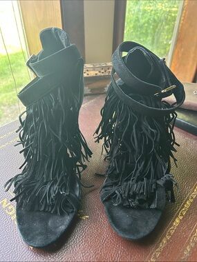 Jeffrey Campbell Black Fringe Suede Women's Heeled Sandals